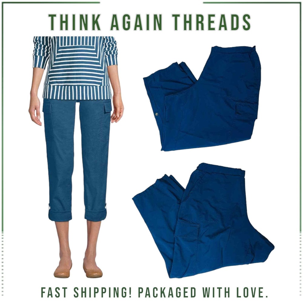 Lands' End Elastic Waist Pull On Cargo Pants Folded Hem Blue Plus Size 18W